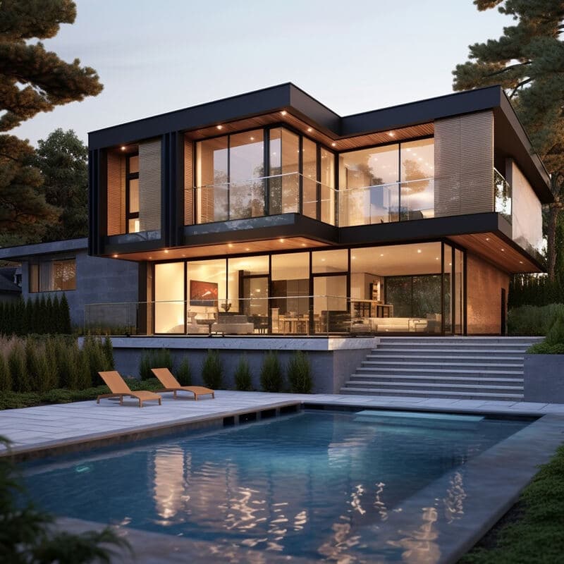 Modern villa exterior at golden hour.
