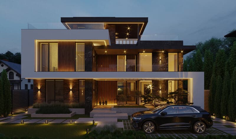 Two-storey townhouse with terraced garden.