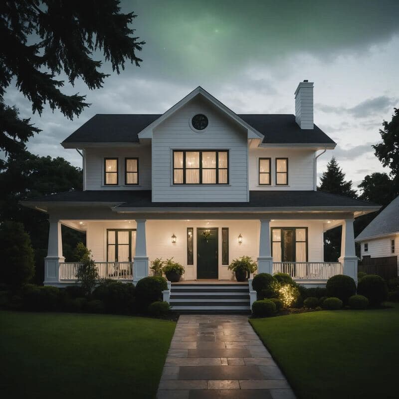 Modern home exterior at twilight.